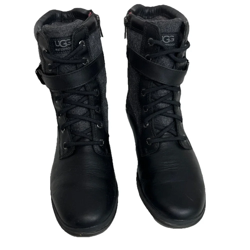 UGG KESEY Black‎ NWOB Leather WATERPROOF SNOW Boot Buckle Womens Size 39/8